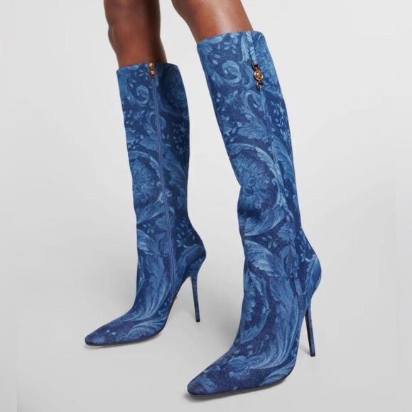 Versace T.110 110MM Floral Denim Pointed Boots size 38 - Picture 4 of 16